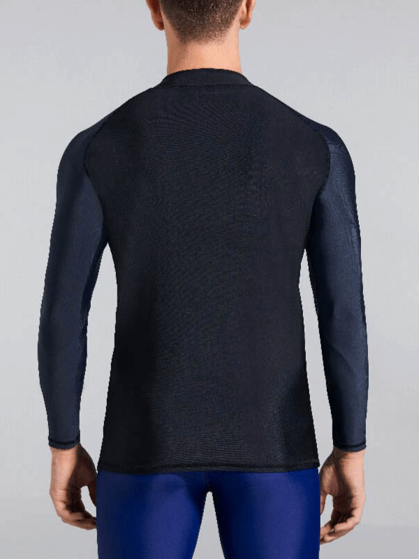Back view of a men's sun protection compression shirt for swimming and sports, showcasing durable fabric and long sleeves, style SF0932.